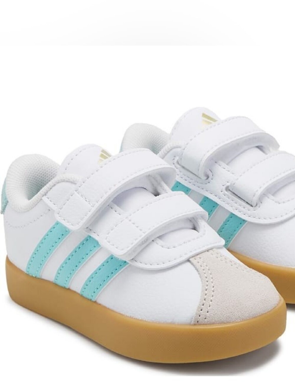 adidas Kids White Sneakers with Aqua Stripes and Gum Sole